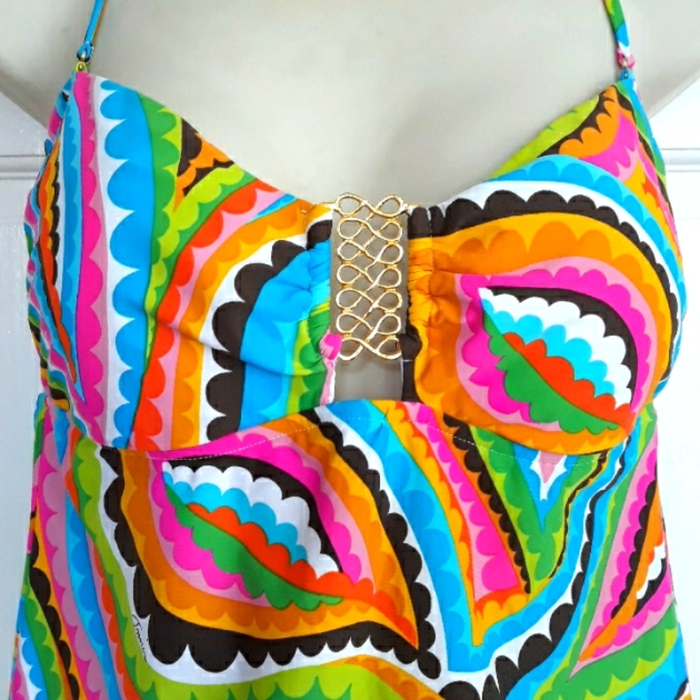 Trina Turk tankini halter top in pink green blue multi with gold accents